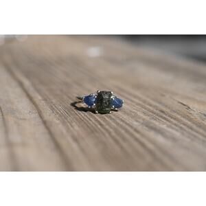 Engagement ring Emerald and Burmese Sapphire Unique Raw Bohemian Jewelry Size 5